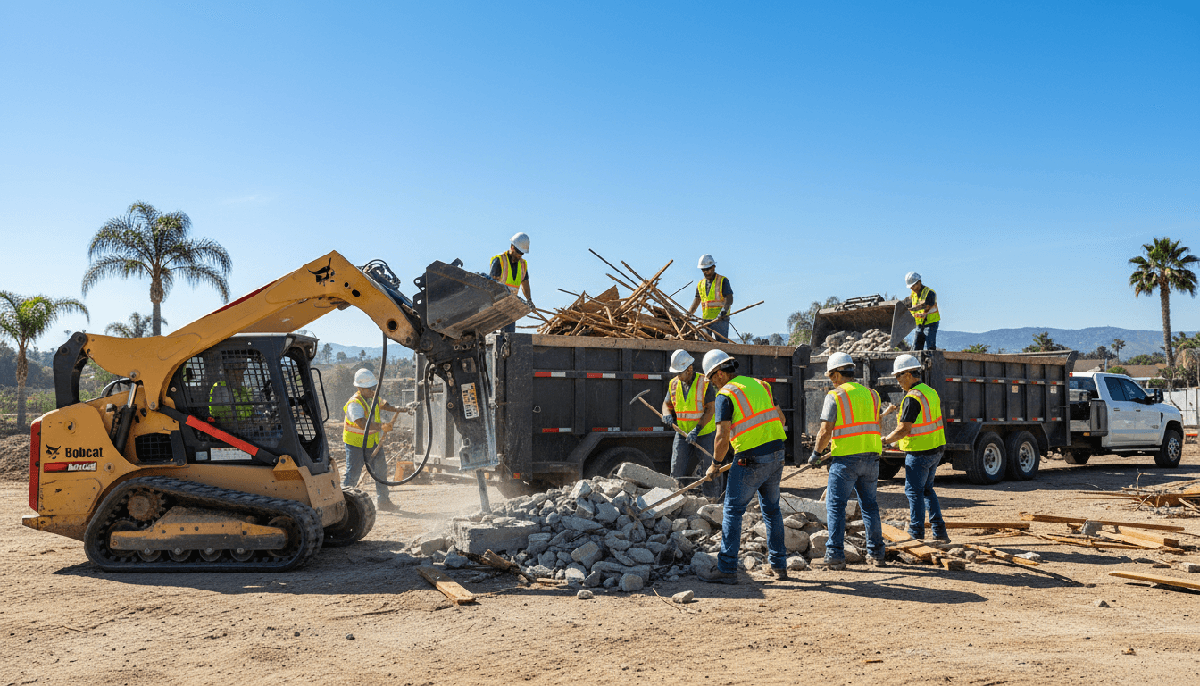 Construction workers using Bobcat and dump trailers for demolition and hauling in Orange County.