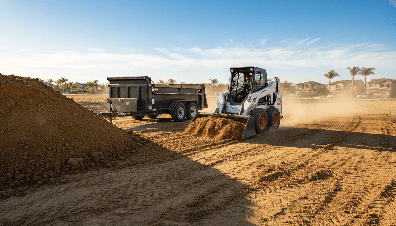 Bobcat compact loader spreading dirt on a residential grading site in Orange County with a dump trailer nearby