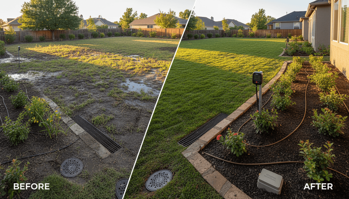 Residential backyard with improved grading, installed drainage system, smart irrigation, and thriving landscaping after professional water management solution
