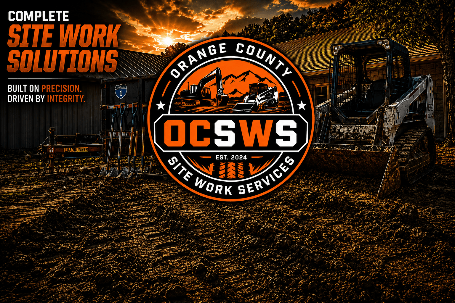 Orange County Site Work Services logo over a construction site with heavy machinery at sunset.